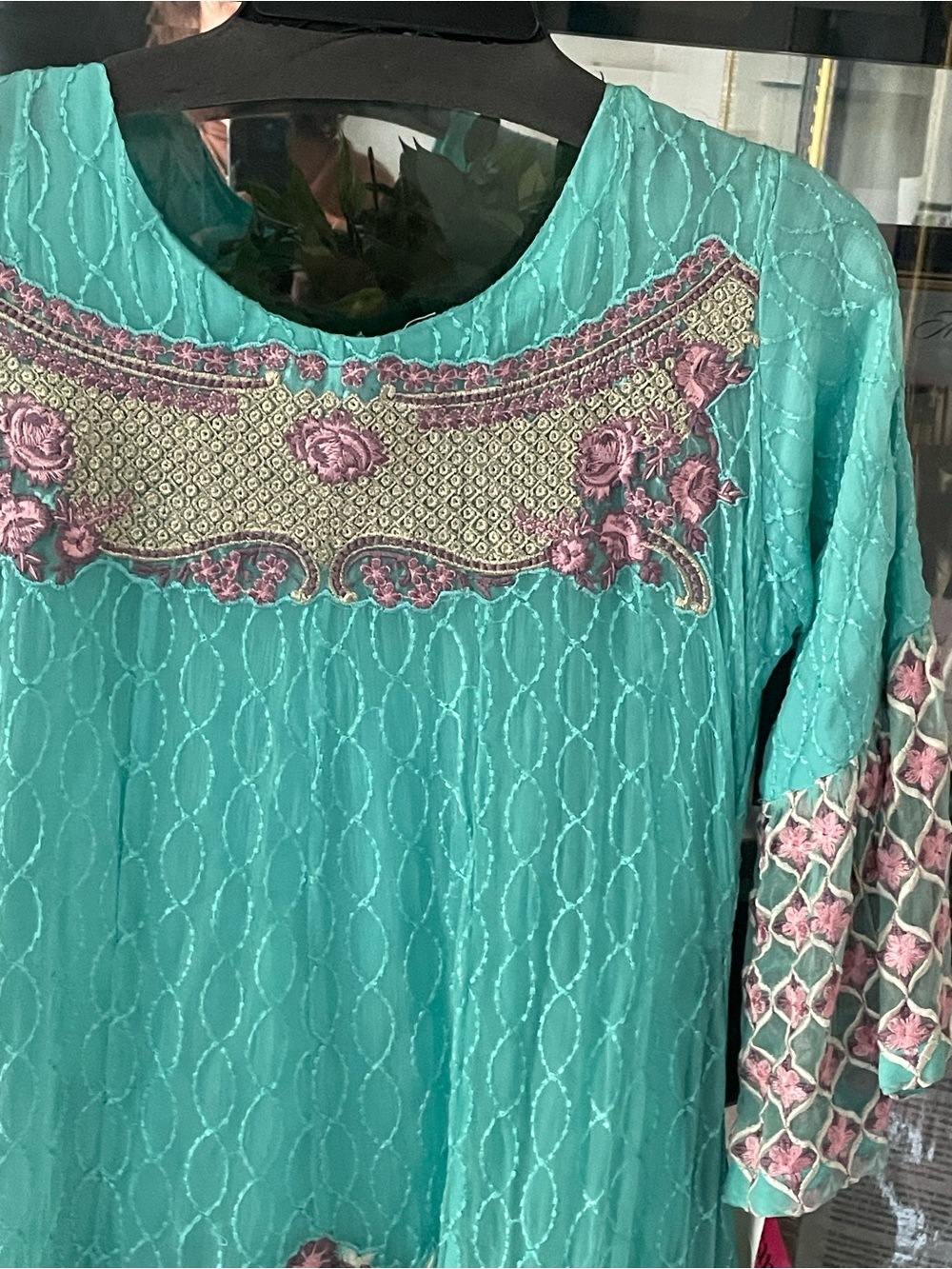 Teal Embroidered Women's Tunic with Pink Floral Yoke